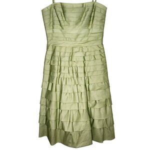 BCBGMaxAzria 8 100% Silk Wowen Dress Willow Green Tiered Ruffle Strapless NEW